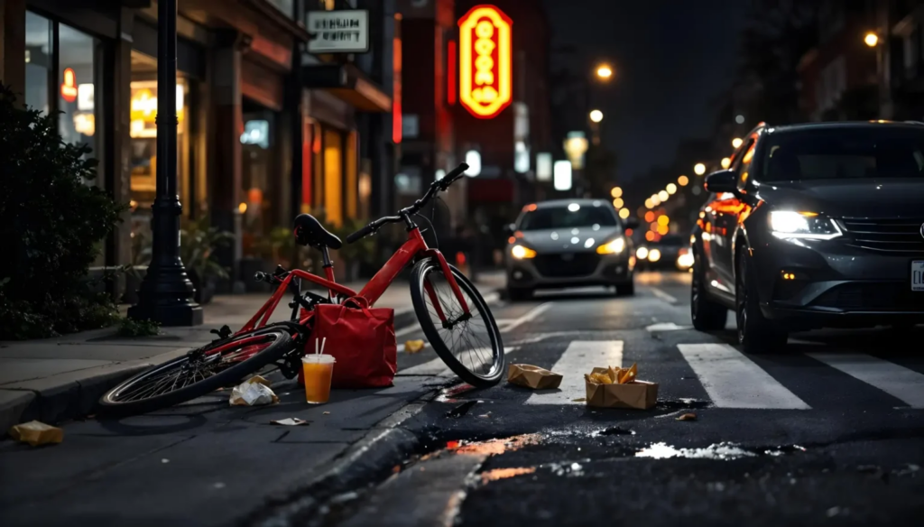 Red bicycle knocked over in the street at night after an accident, with food delivery bag and spilled items beside passing cars.